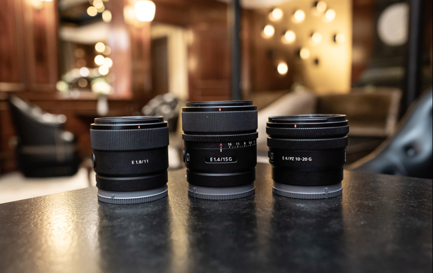 Sony E 10-20mm f/4 PZ G zoom lens, the Sony E 15mm f/1.4 G and the Sony E 11mm f/1.8 Sony E 10-20mm f/4 PZ G zoom lens, the Sony E 15mm f/1.4 G and the Sony E 11mm f/1.8