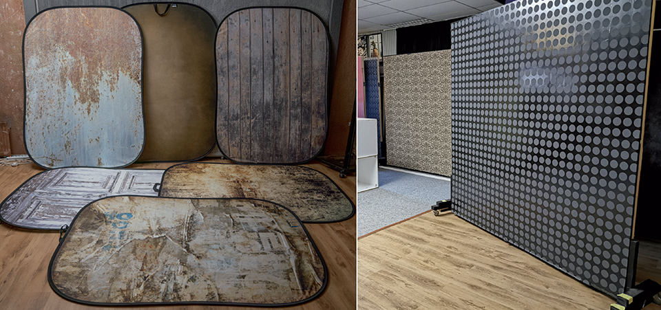 Foldable backgrounds and movable walls