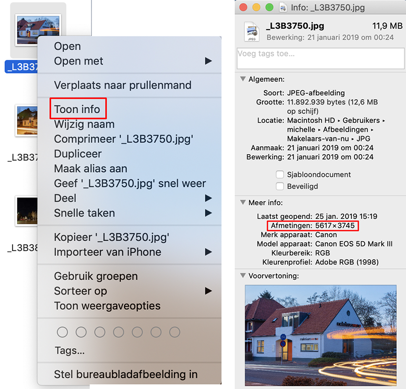 Photo properties, dimensions and number of pixels