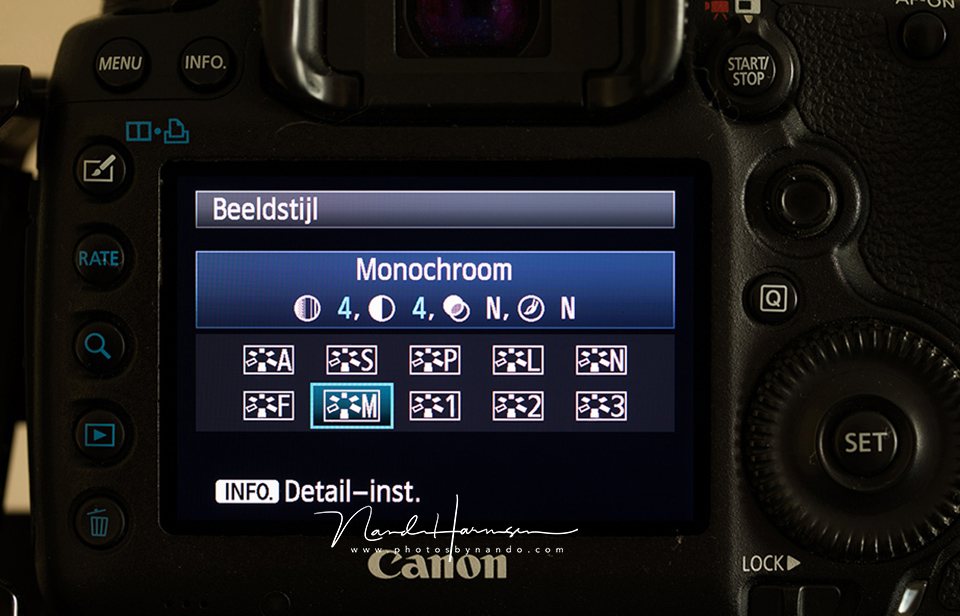 Set your camera to monochrome picture style to see black and white on your screen immediately. If you photograph in RAW, colour information will still be stored in your file
