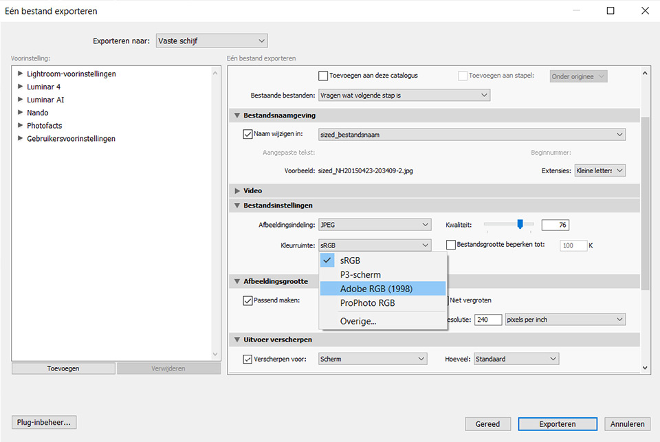 Nando export LrC colour space