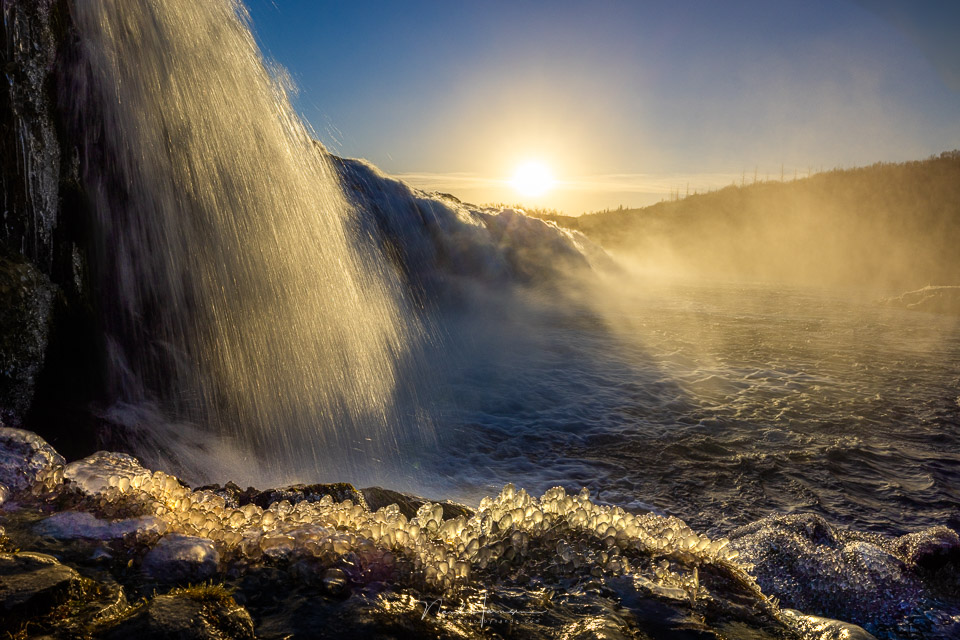 Nando Iceland Faxi waterfall sun