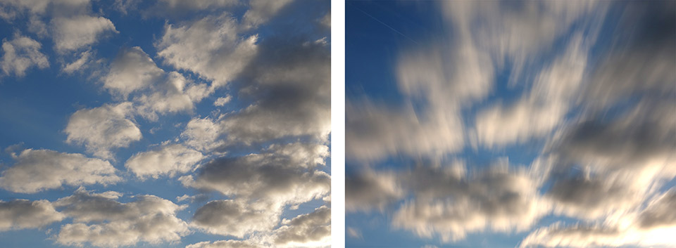 Left: no filter, shutter speed 1/500 sec. Right: PolarPro ND100k, shutter speed: 30 sec.