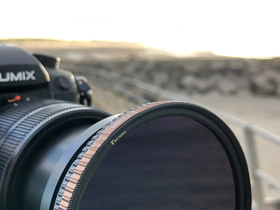 The PolarPro ND100000 filter with step-up ring on a Panasonic Lumix GH5.
